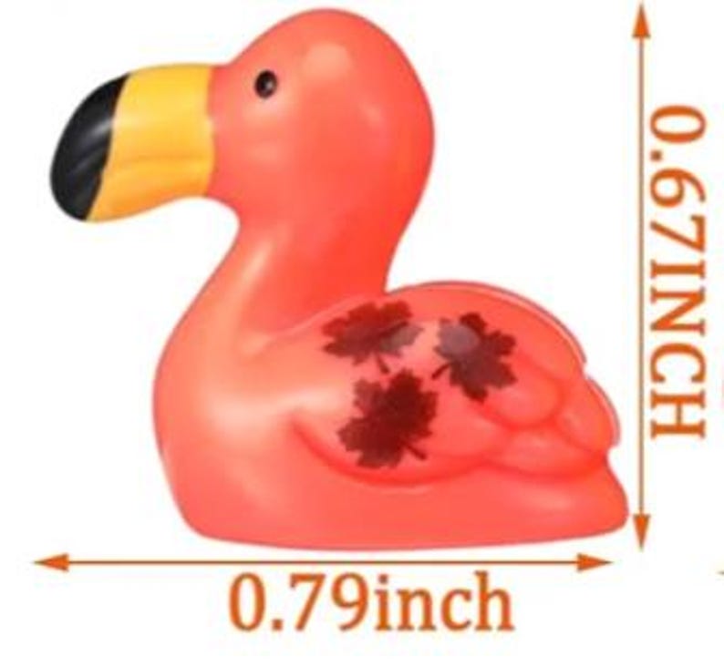 May include: A pink flamingo-shaped bath toy with a yellow beak and black tip. The toy has three dark red leaf designs on its side. It measures approximately 0.79 inches long and 0.67 inches high.