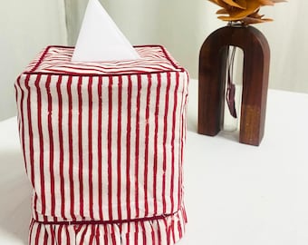 Red Striped Linen Tissue Box Cover With Ruffle – Modern Tissue Holder for Living Room, Bathroom, Kitchen, Reusable Home & Office Decor, Gift