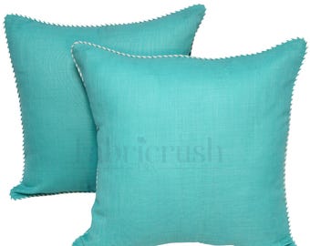 Seafoam Blue Linen Pillow Cover with Contrast Piping –Handmade Decorative Throw Pillow Case for Sofa, Farmhouse, Bedroom, Living Room Decor