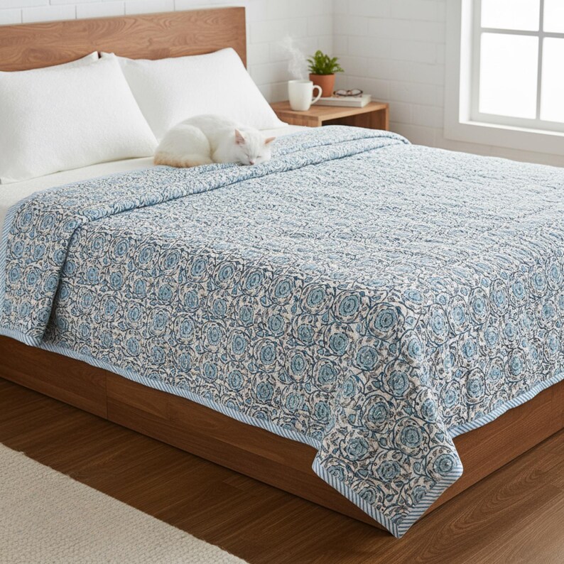 Blue Rose Meadow hand block printed quilt displayed on a wooden bed in a bright, minimal bedroom. The quilt features an intricate blue floral rose pattern on a soft ivory background with a striped border, showcasing traditional artisan craftsmanship. Lightly quilted for comfort, it is neatly spread with a folded edge, creating a cozy, elegant look. A white cat rests peacefully on the quilt, enhancing the warm, homey aesthetic.