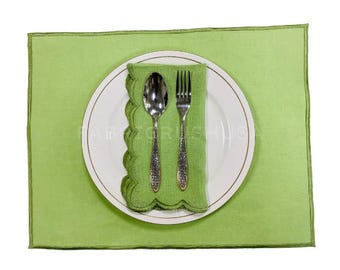 Spring Green Embroidered Linen Placemat Set - Table Mats for Dining, Boho Farmhouse Tableware, Reusable Modern Kitchen Decor, Every Day Use