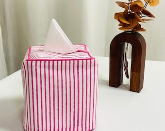 Copri scatola fazzoletti in lino a righe rosa taffy con piping – Porta fazzoletti moderno per soggiorno, bagno, cucina, casa e ufficio, idea