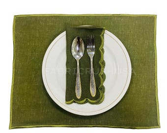 Olive Green Embroidered Linen Placemat Set - Table Mats for Dining, Boho Farmhouse Tableware, Reusable Modern Kitchen Decor, Every Day Use