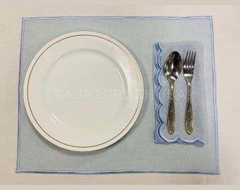 Sky Blue Embroidered Linen Placemat Set - Table Mats for Dining, Boho Farmhouse Tableware, Reusable Modern Kitchen Decor, Every Day Use