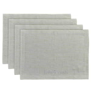 Peut inclure: Quatre sets de table rectangulaires à rayures vertes claires et blanches. Les sets de table sont empilés, le supérieur étant entièrement visible et les autres partiellement. Le tissu a un aspect texturé, idéal pour la salle à manger.