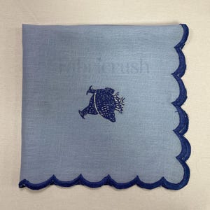 Handmade Light Blue Linen Napkin with Navy Embroidery –Scalloped Edge Table Napkin, Elegant Linen Dinner Napkin Handcrafted Table Decor Gift