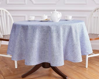 Linen Striped Round Tablecloth - Custom Round TableCover for Dining Room, Wedding, Holiday & Events, Farmhouse, Kitchen Decor Table Setting