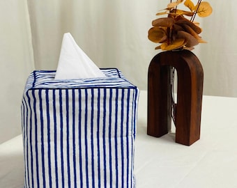 Granatowy, prążkowany, lniany pokrowiec na pudełko na chusteczki z lamówką – nowoczesny pojemnik na chusteczki do salonu, łazienki, kuchni, domu i biura, jako prezent