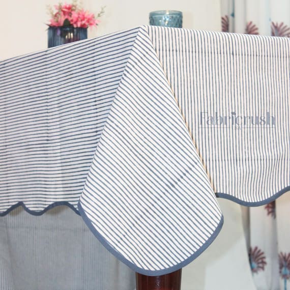 Blue Stripe Linen Tablecloth With Blue Piping –Handmade Modern Minimalist Table Cover for Dining, Weddings & Everyday Decor, Holiday Hosting