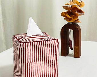 Funda de lino a rayas rojas para caja de pañuelos con ribete – Portapañuelos moderno para sala de estar, baño, cocina, decoración
