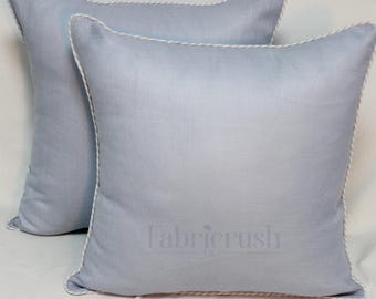 Mist Blue Linen Pillow Cover with Contrast Piping – Handmade Decorative Throw Pillow Case for Sofa, Farmhouse, Bedroom, Living Room Decor
