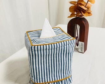 Funda para Caja de Pañuelos de Lino a Rayas Azul Pizarra con Volantes – Porta Pañuelos Moderno para Sala, Baño, Cocina, Hogar y Oficina