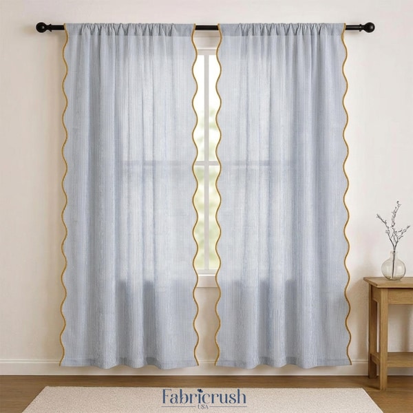 Cortina de Rayas Azules con Ribete Ondulado Amarillo – Paneles de Ventana que Filtran la Luz con Bolsillo para Barra para Sala, Dormitorio