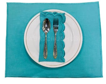 Teal Linen Embroidered Linen Placemat Set - Table Mats for Dining, Boho Farmhouse Tableware, Reusable Modern Kitchen Decor, Every Day Use