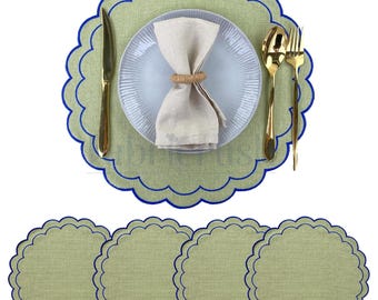 Round Scalloped Linen Placemats with Embroidered Edges – Pure Table Mats for Dining, Neutral Farmhouse Tableware, Modern Kitchen Decor, Gift