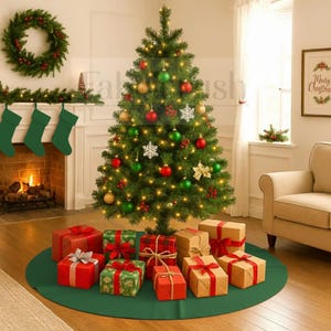 Puede incluir: Un árbol de Navidad decorado con adornos, luces y regalos envueltos. El árbol está adornado con adornos rojos, verdes y dorados, y decoraciones de copos de nieve. Una falda de árbol verde rodea la base, con regalos en envoltorios rojos, verdes y marrones.