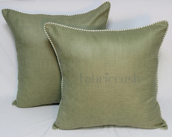 Moss Green Linen Pillow Cover with Contrast Piping – Handmade Decorative Throw Pillow Case for Sofa, Farmhouse, Bedroom, Living Room Decor