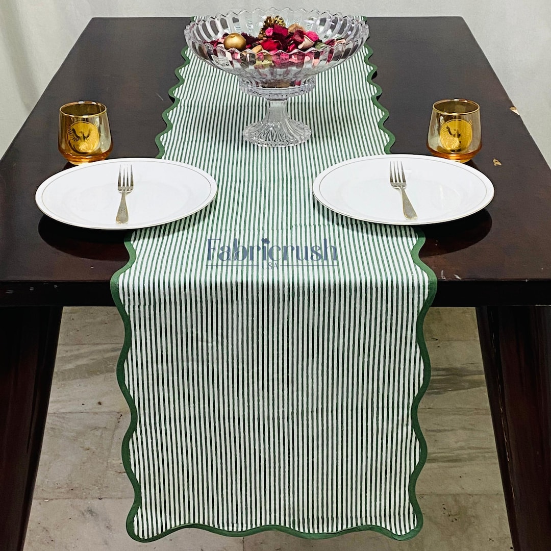 Green Ribbed Table Runner Forest Green Striped Linen Table Runner With Piping Scalloped Edge ...