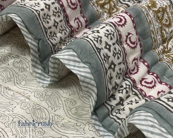 Earth Harmony Hand Block Printed Cotton Quilt – Reversible Floral & Striped Kantha Blanket, Lightweight Bedding, Indian Cottage core Bedding