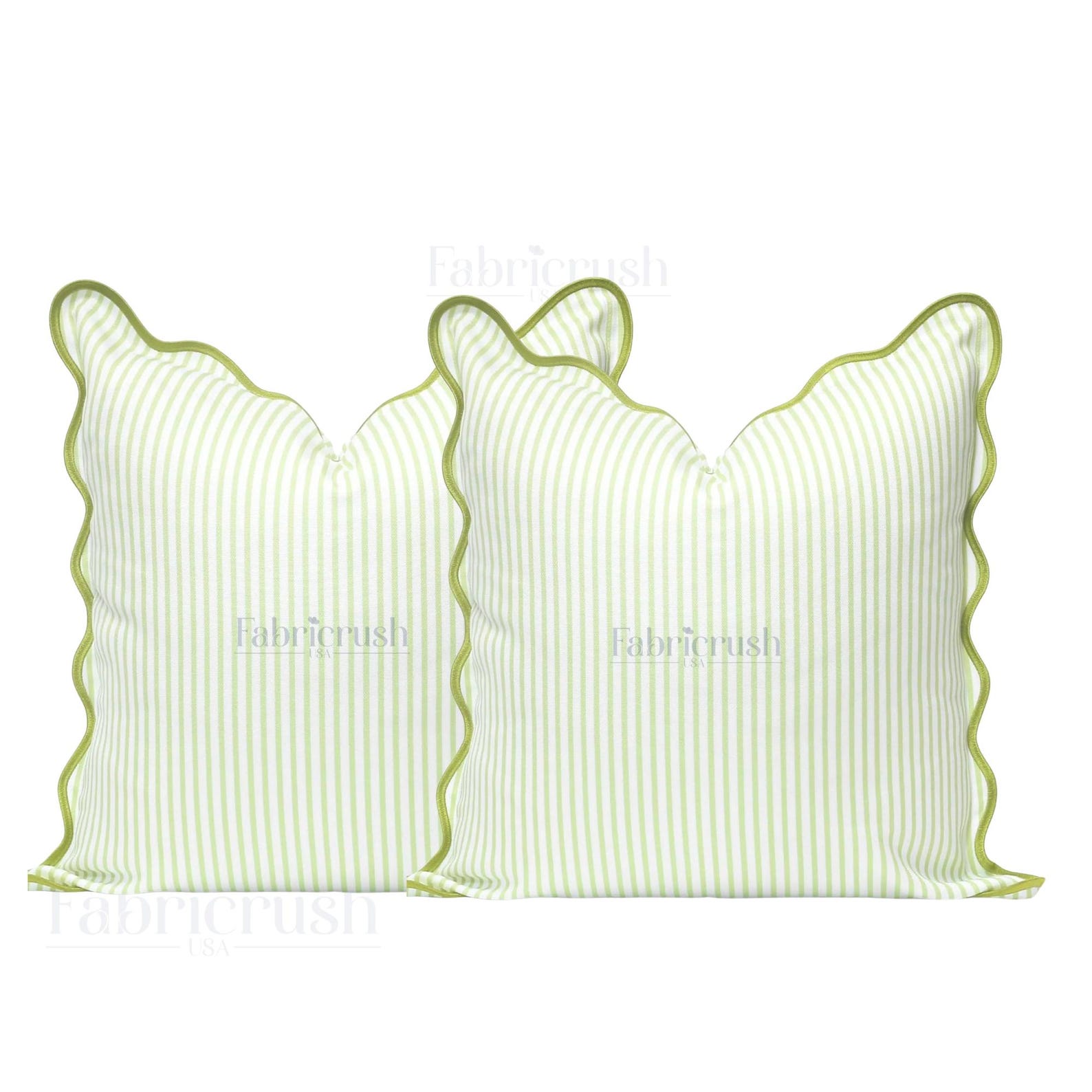 Green Striped Cotton-Linen Pillow Cover With Scalloped Edge – Handmade Decorative Throw Pillow Case for Sofa, Bedroom, Farmhouse Home Decor - Pack of 2, 18 X 18 INCH