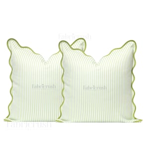 Green Striped Cotton-Linen Pillow Cover With Scalloped Edge – Handmade Decorative Throw Pillow Case for Sofa, Bedroom, Farmhouse Home Decor