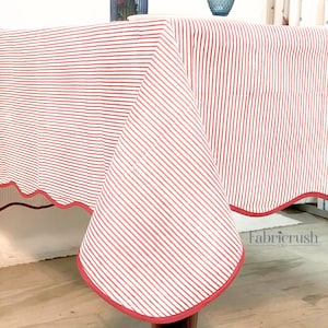 Nappe en lin rayé rouge avec passepoil rouge – couverture de table faite main au style moderne et minimaliste pour repas, mariages et