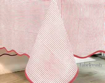 Rödrandig linneduk med röda kanter – Handgjord modern minimalistisk duk för middagar, bröllop och vardagsinredning, högtidsvärdskap