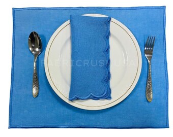 Cornflower Blue Embroidered Linen Placemat Set - Table Mats for Dining, Boho Farmhouse Tableware Reusable Modern Kitchen Decor, EveryDay Use