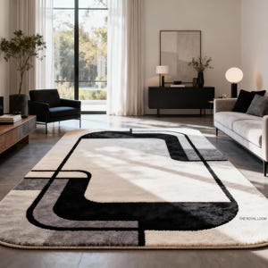 May include: A large, rectangular area rug with a modern design. The rug features a cream-colored central field, bordered by black, gray, and light gray geometric shapes. The rug is placed in a living room setting.