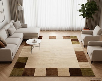 Modern handgetuft geometrisch vloerkleed beige bruin en olijfgroen geruit vloerkleed met rand