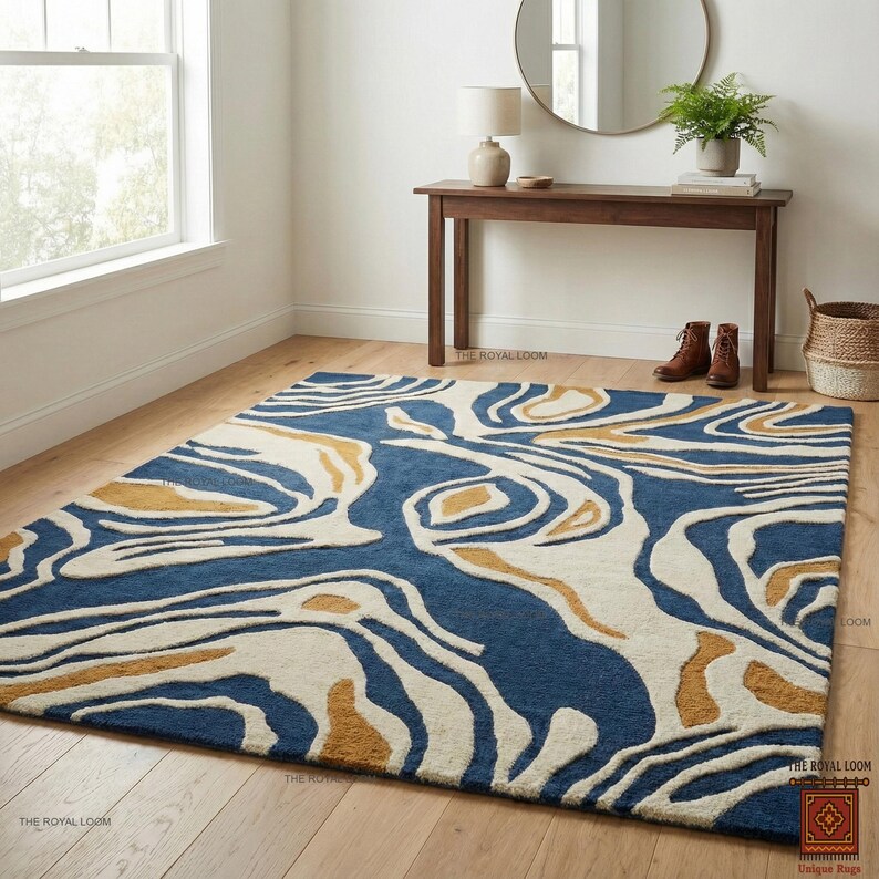 Luxury Hand-tufted Navy Blue and Gold Abstract Wool Area Rug for Modern ...