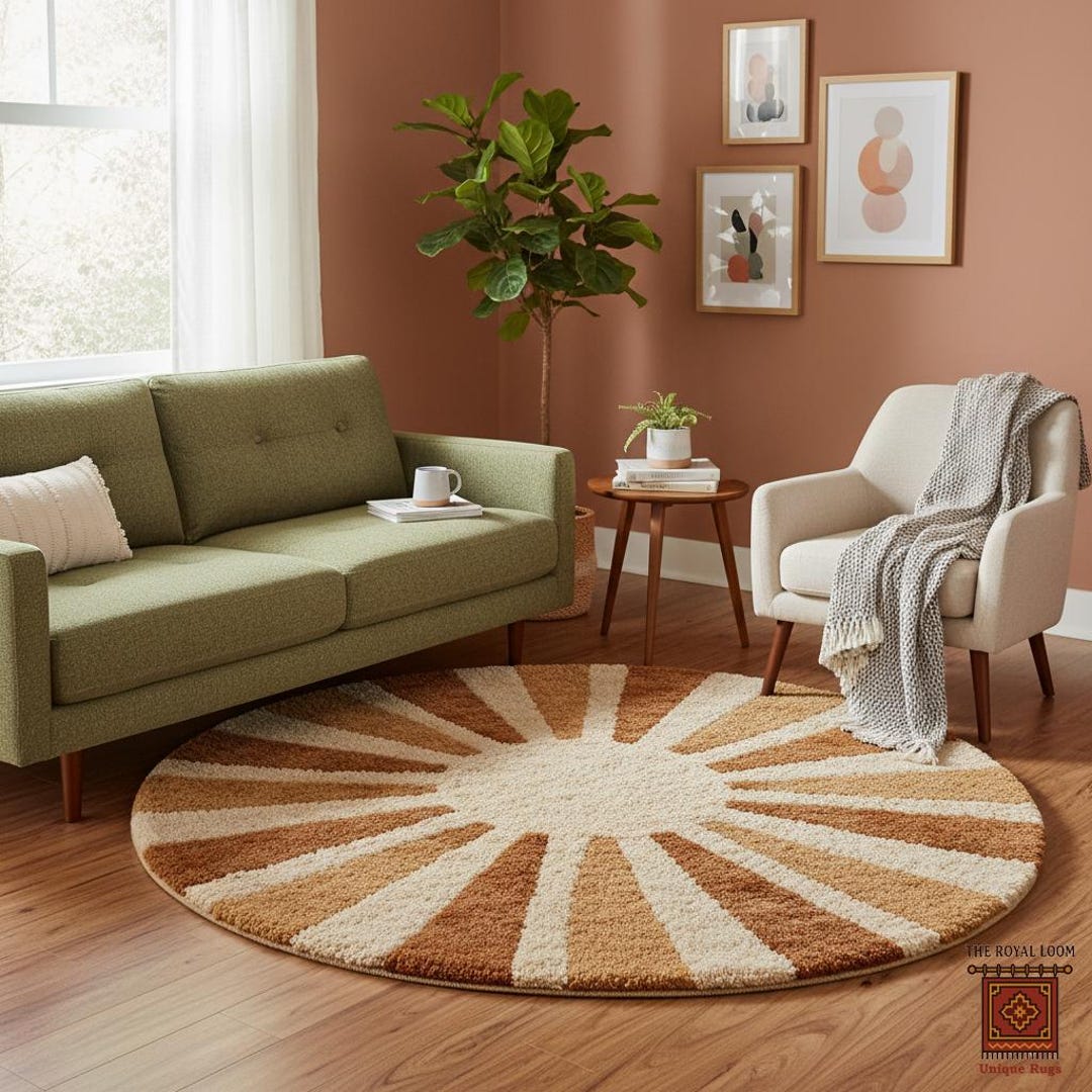 Hand-tufted Wool Round Rug Modern Sunburst Design in Beige & Brown ...