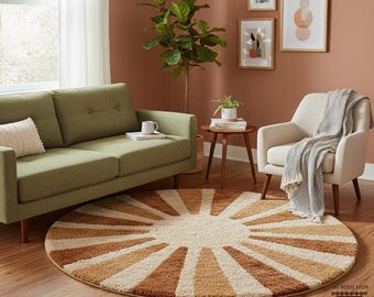 Modern Sunburst Design Hand Tufted Wool Round Rug Beige & Brown Retro Circular Carpet