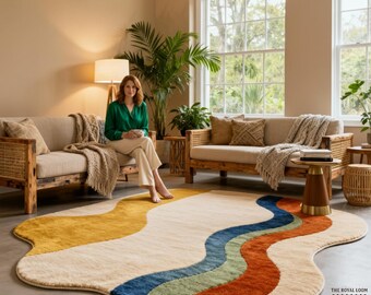 Modern Wavy Hand Tufted Wool Rug – Multicolor Abstract Carpet unique irregular shape