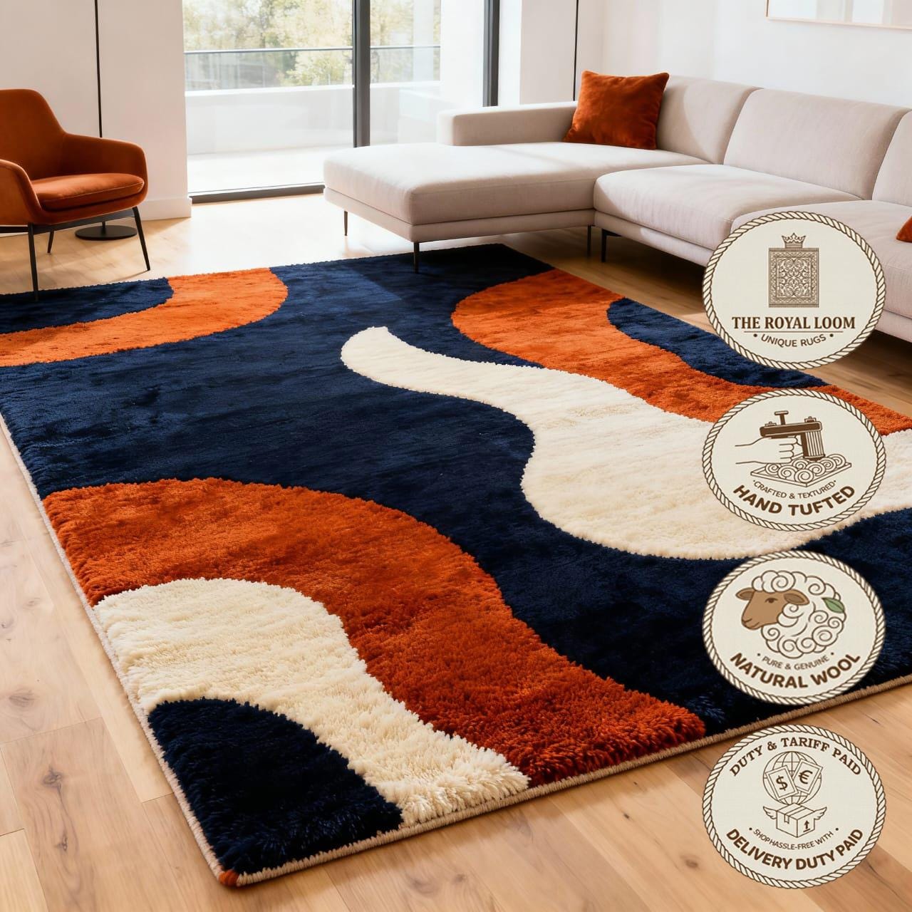 Navy Rust Rug Modern Navy Blue & Rust Hand Tufted Rug Abstract Wave Design New ...
