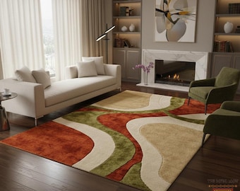 Modern Abstract Hand-Tufted Wool Rug Olive Green Rust Curved Design Geometric Area Rug