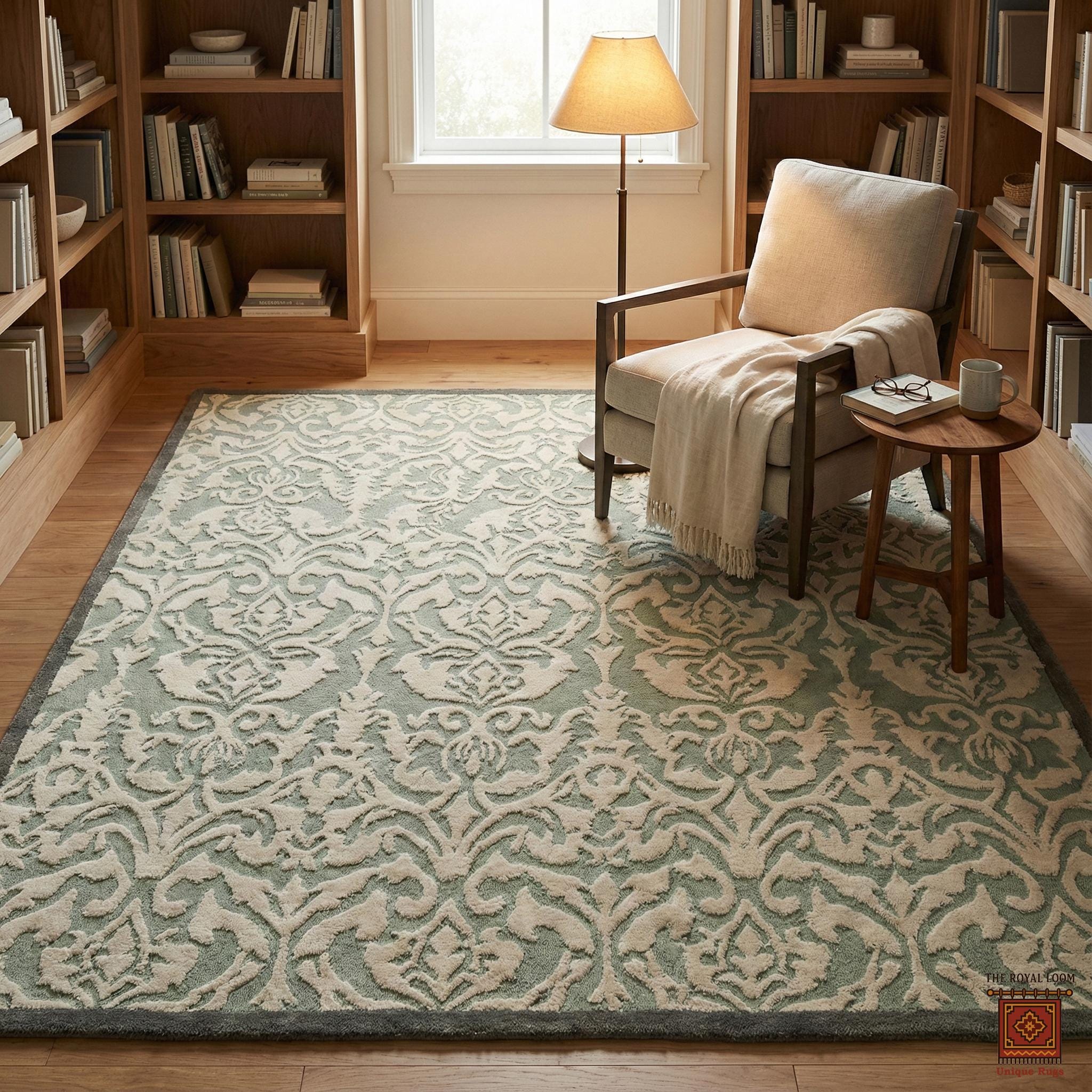 Hand Tufted Wool Rug Sage Green Damask Floral Area Rug for Living Room ...