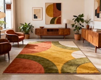Hand Tufted Mid Century Modern Wool Rug Retro Geometric Design for Luxury Décor