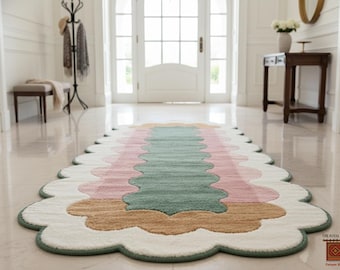 Scalloped Edges Hand Tufted Pastel Wool Rug, Wavy Modern Rug for Bedroom & Living Room