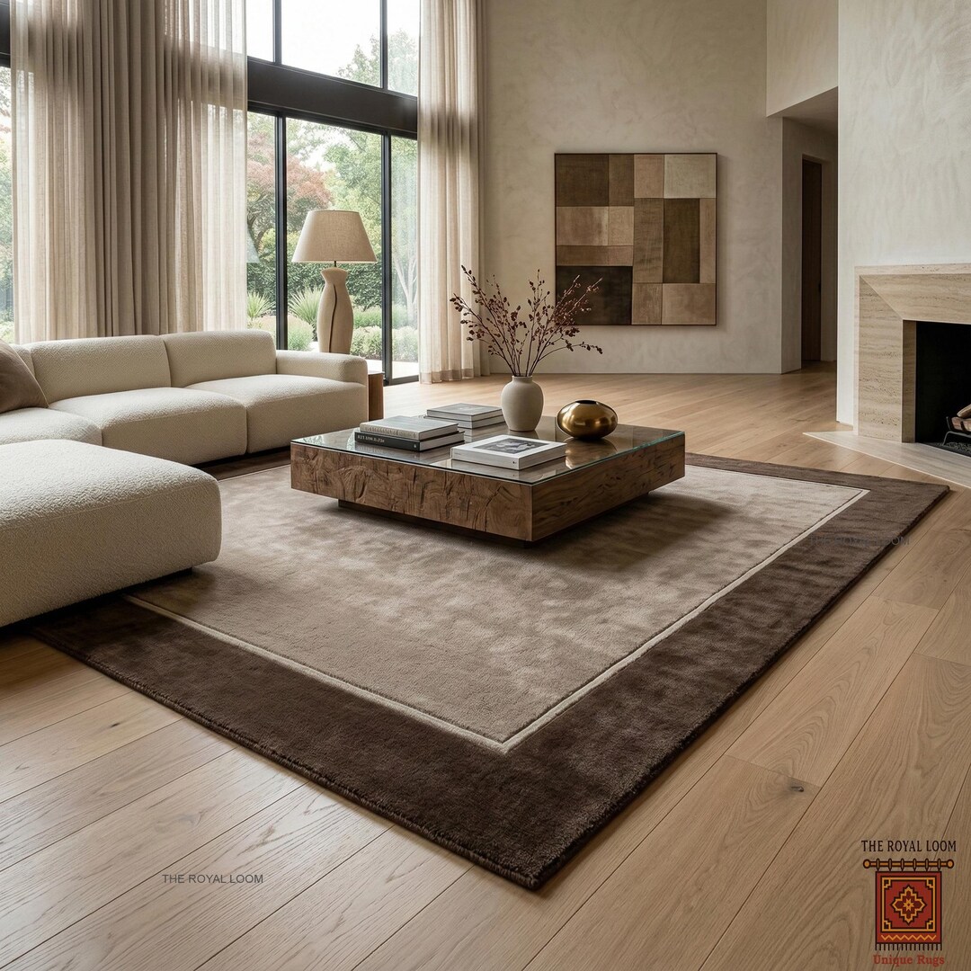 Modern Hand-tufted Wool Rug Minimalist Two Tone Chocolate Brown Border ...