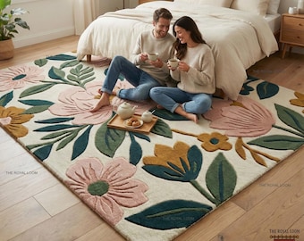 Lussuoso tappeto in lana annodato a mano con grandi fiori botanici rosa per un arredamento moderno e vibrante