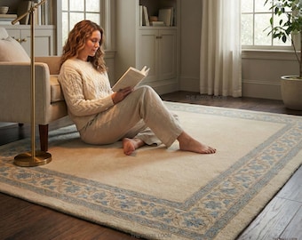 Hand-Tufted Wool Rug Traditional Floral Border Cream Blue Area Carpet For Bedroom Living Room