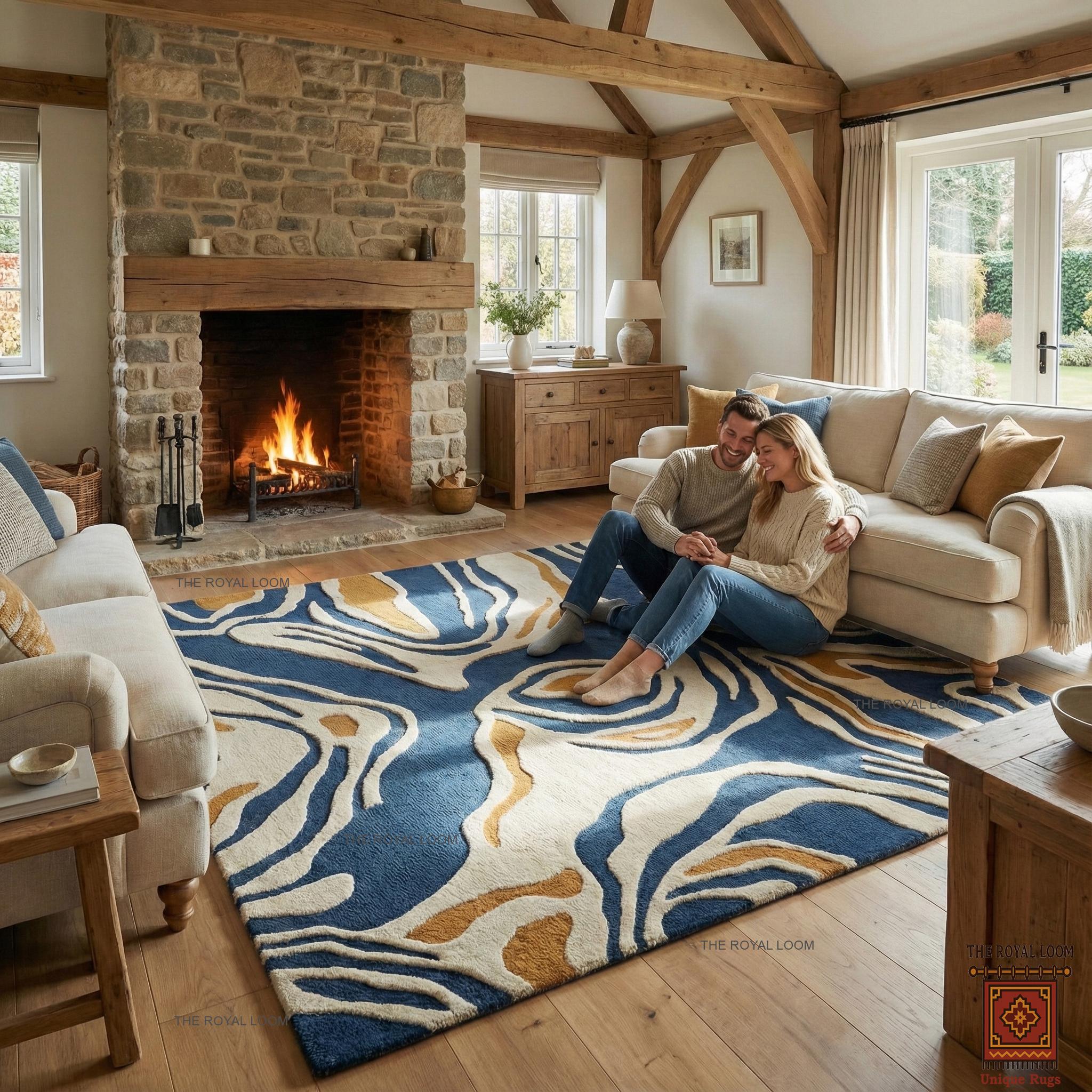 Luxury Hand-tufted Navy Blue and Gold Abstract Wool Area Rug for Modern ...