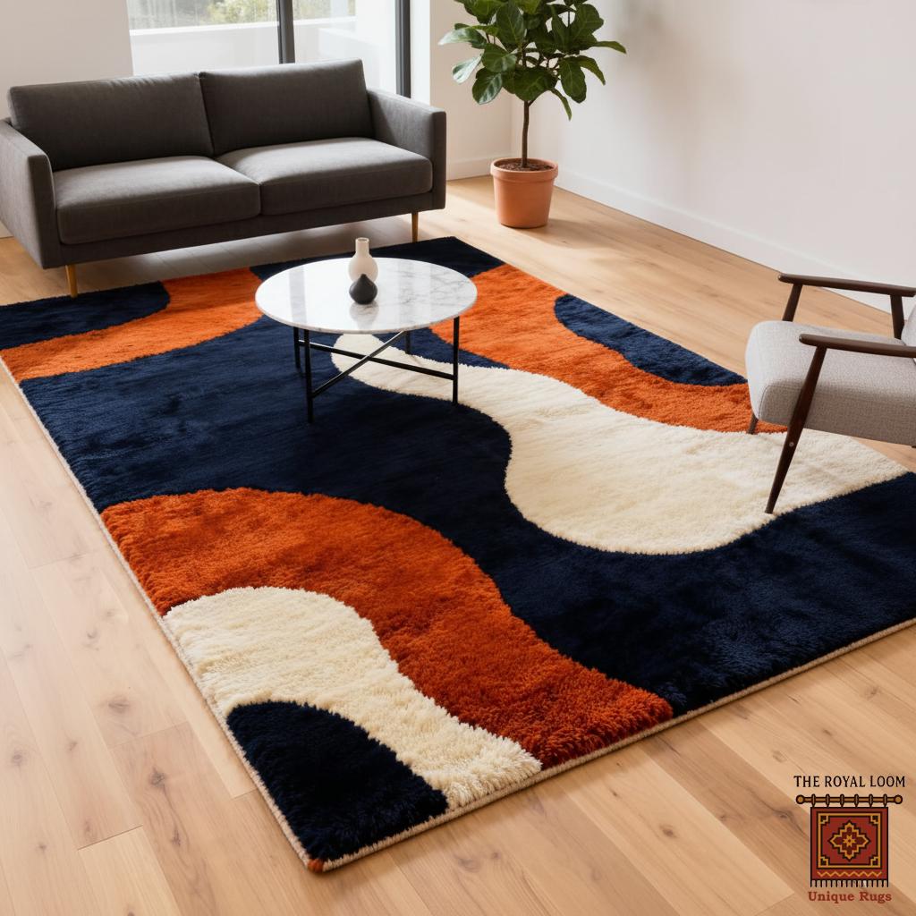 Navy Rust Rug Modern Navy Blue & Rust Hand Tufted Rug Abstract Wave Design New ...