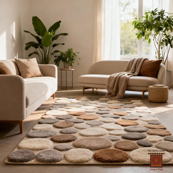 Hand Tufted Pebble Rug Modern Neutral Handmade Hi-Low Texture Luxury Wool Rug