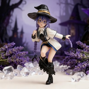 May include: A figurine of a witch with purple hair, wearing a black hat with a gold band, a white coat, and black boots. The witch is posed in front of a purple background with lavender and crystals.