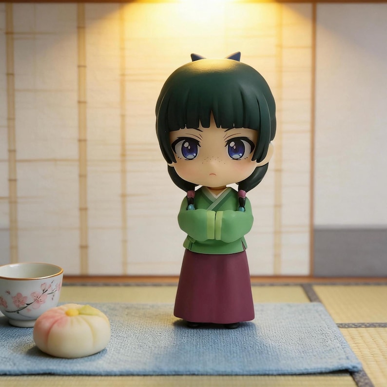 May include: A figurine of a girl with dark green hair and a green and burgundy outfit. The figurine has large blue eyes and is standing on a blue mat. A teacup with a floral design and a small dessert are in the foreground.