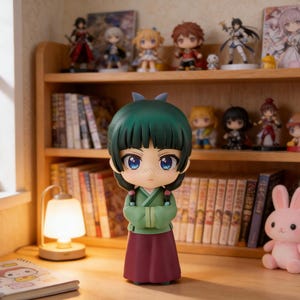 May include: A detailed figurine of a character with green hair, blue eyes, and a green and burgundy outfit. The figure is standing in front of a bookshelf filled with books and other figurines. A small lamp is visible on the left.