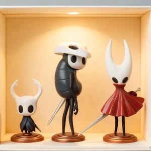 May include: Three detailed figurines of characters from a video game. The figures are on bronze-colored bases. One figure has a white helmet and a gray body. Another figure has a white head and a red dress. The third figure is small and has a black cape.