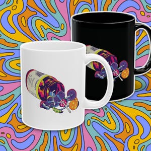 May include: White and black ceramic mugs with a colorful illustration of a pharmacy bottle spilling out mushrooms. The mugs have a white handle and a black handle. The background is a psychedelic swirl of orange, blue, and yellow.
